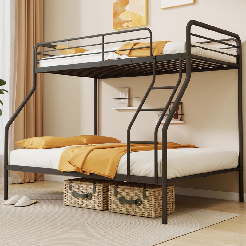 Twin Over Full Black Metal Bunk Bed, Integrated Ladder Heavy Duty Frame