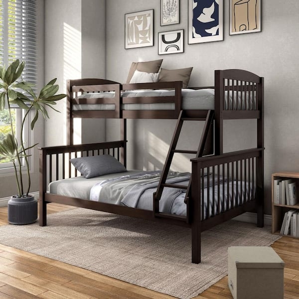 Twin Over Full Bunk Bed Dark Brown Slatted Design Integrated Ladder
