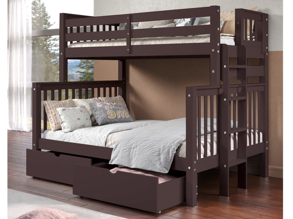 Twin Over Full Bunk Bed, Dark Cherry Finish, Storage Drawers & End Ladder