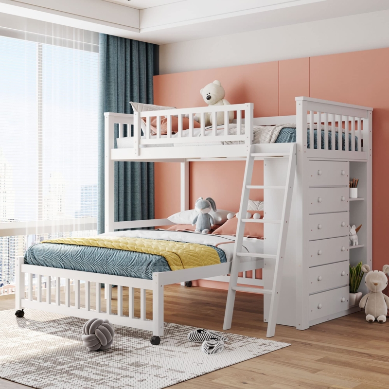 Twin Over Full Bunk Bed Modern Drawers and Bookcase