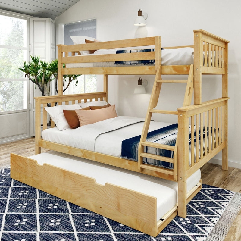 Twin Over Full Bunk Bed, Natural Wood Finish with Trundle