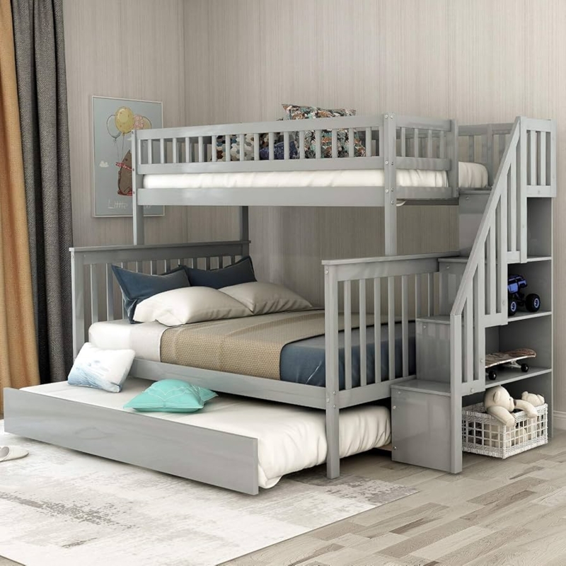 Twin Over Full Bunk Bed with Storage, Gray Staircase Design