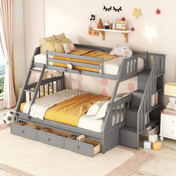 Twin Over Full Bunk Bed with Storage Staircase and Underbed Drawers