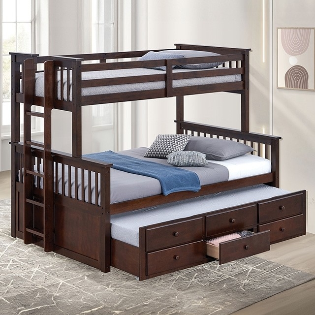 Twin Over Full Bunk Bed with Trundle, Dark Cappuccino Finish