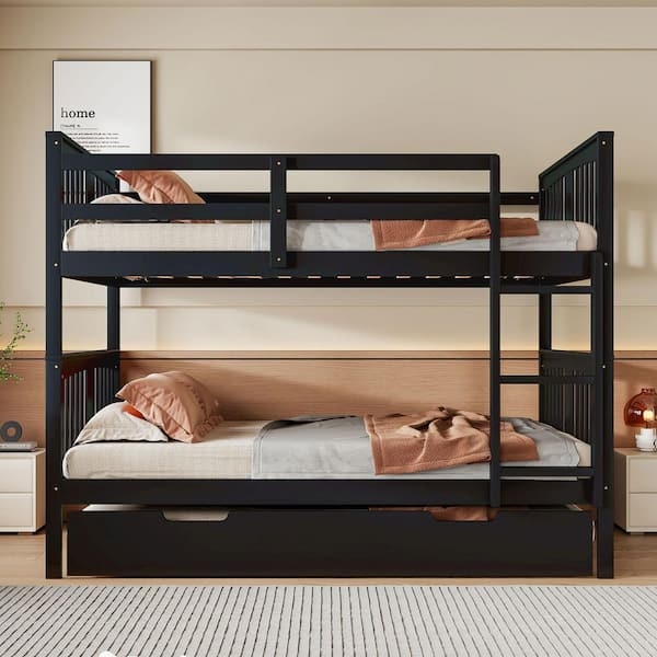 Twin Over Full Espresso Wood Bunk Bed with Integrated Trundle