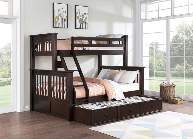 Twin Over Queen Bunk Bed, Dark Finish with Slatted Headboards
