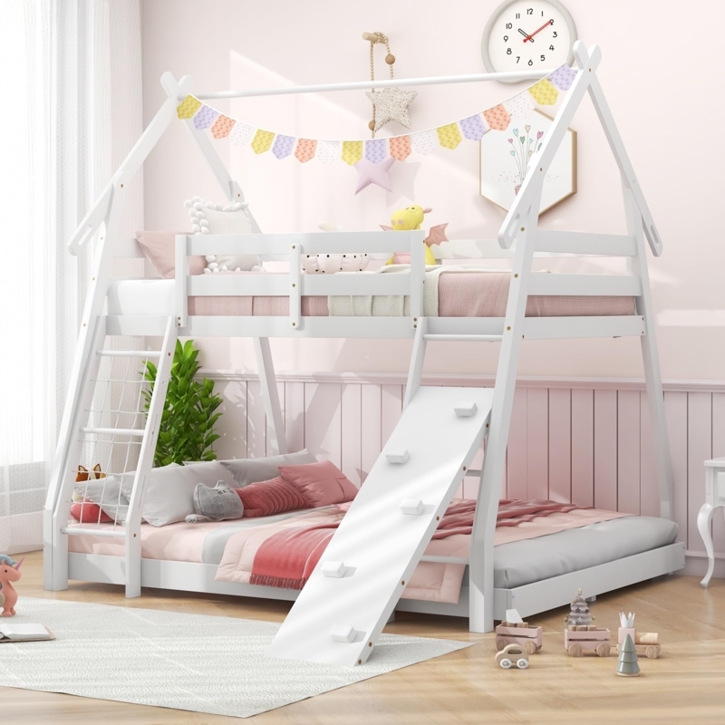 Twin Over Queen Bunk Bed featuring Climbing Ramp and Cargo Net