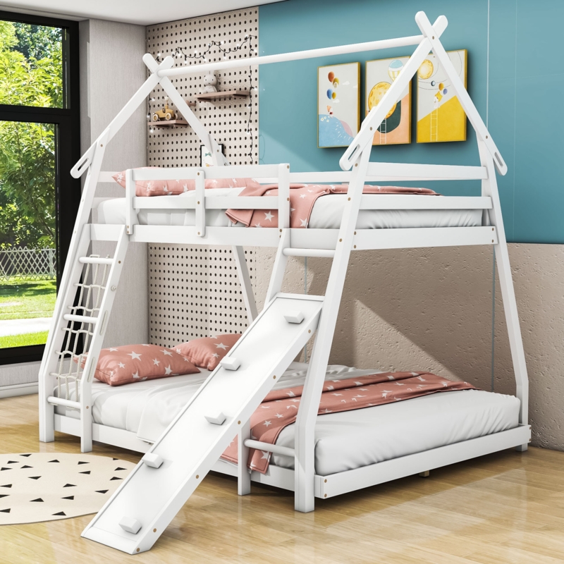 Twin Over Queen Bunk Bed with Slide, Built-In Ladder & Safety Guardrails