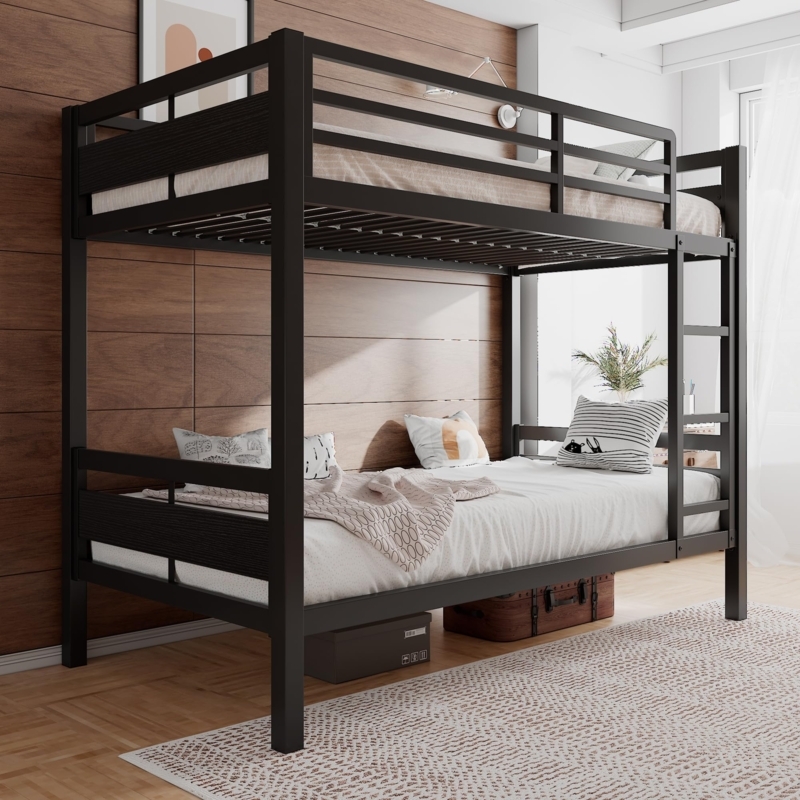 Twin Over Twin Bunk Bed Black Metal, Integrated Ladder Shared Room