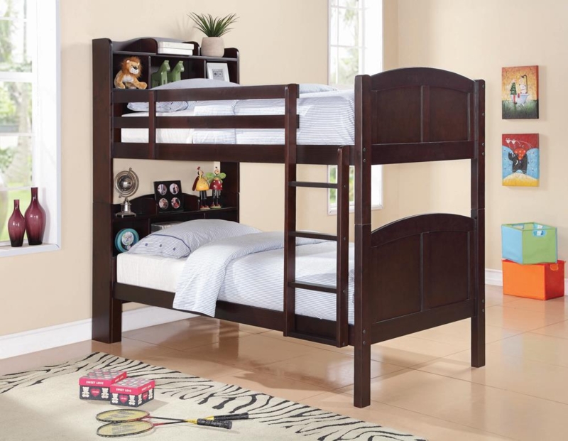 Twin Over Twin Bunk Bed Cappuccino with Bookcase Headboards
