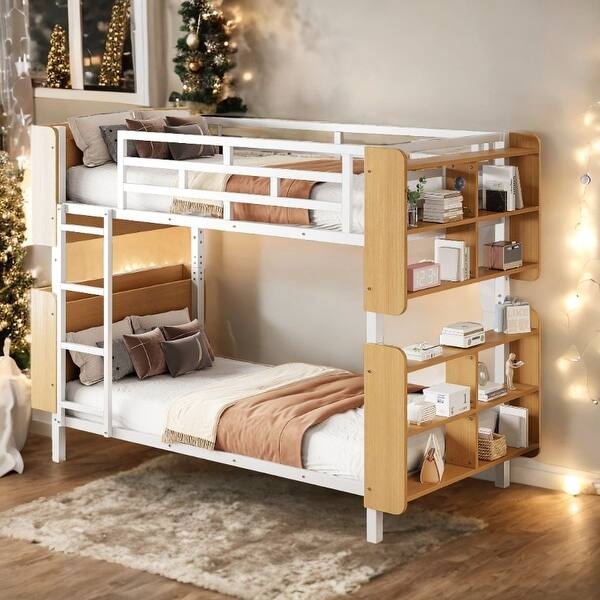 Twin Over Twin Bunk Bed Matte Black Metal with Bookcase