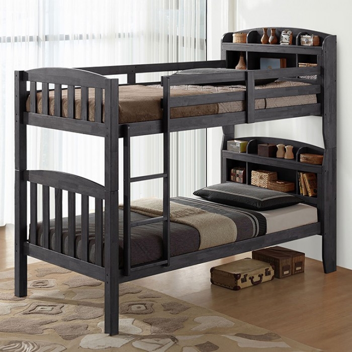 Twin Over Twin Bunk Bed Slate Grey with Bookcase Headboard