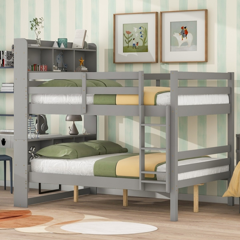 Twin Over Twin Bunk Bed with Contemporary Bookcase Headboards