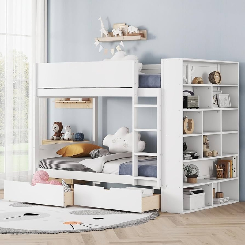 Twin Over Twin Bunk Bed with Modern Bookcase and Drawers