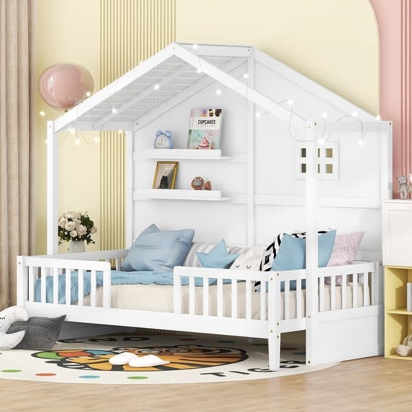Twin Platform Bed with Gabled Roof, LED Light Strip, and Shelves