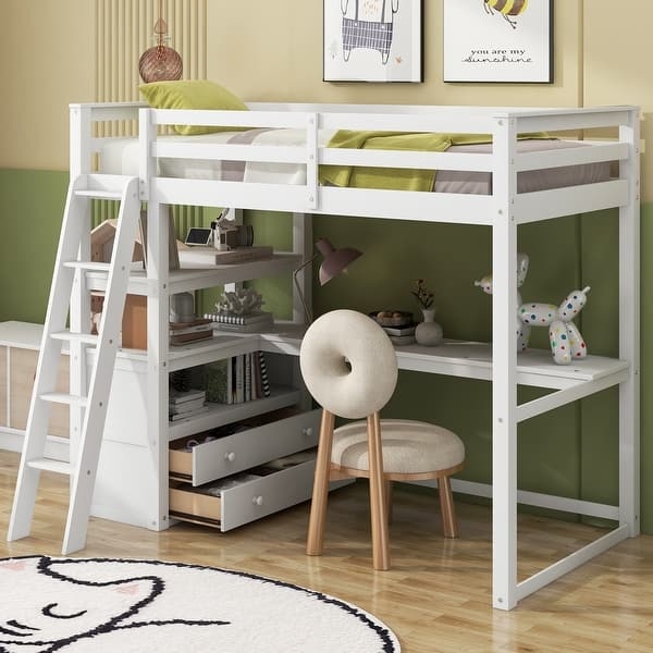 Twin Size All-in-One Loft Bed w/ Desk & Shelves, 2 Built-in Drawers  Multifunctional Wood Bed Frame for Kids Teens Adults, White - Bed Bath &  Beyond - 39691417