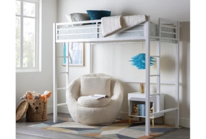 Twin White Loft Bed with Slanted Ladder & Desk