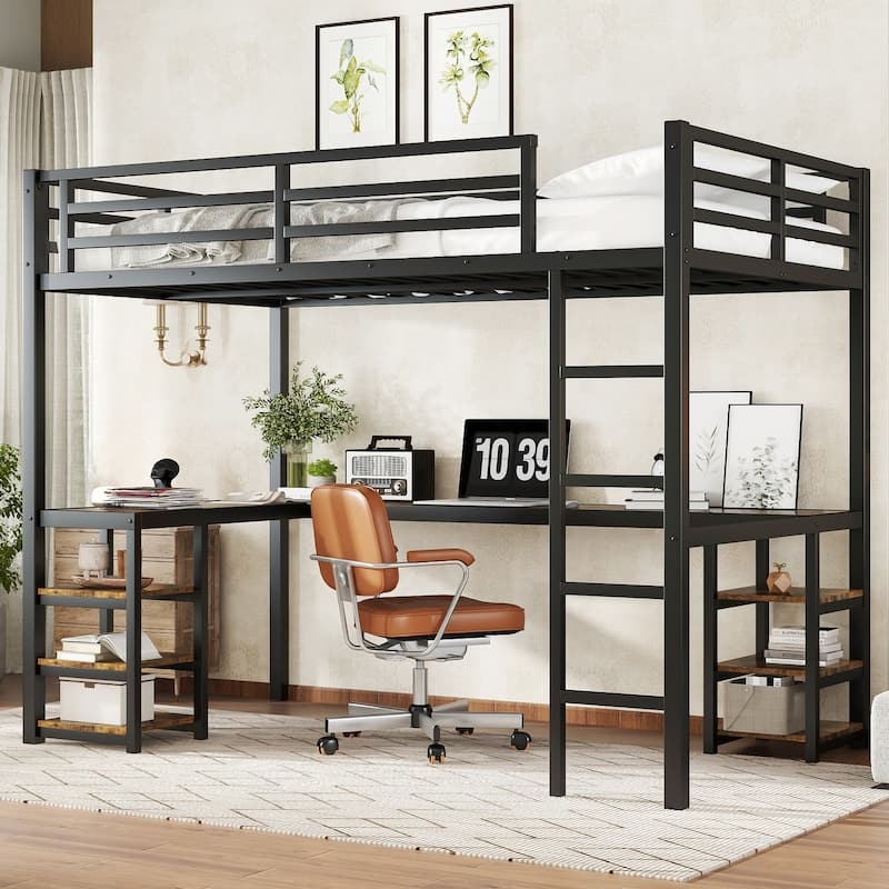 Twin XL Loft Bed Black Metal with Integrated Desk and Side Shelving