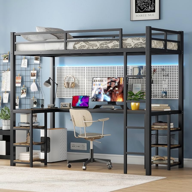 Twin XL Loft Bed with L-Shaped Desk & 6 Shelves