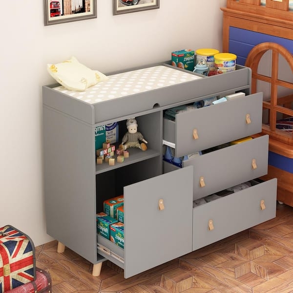 Two-Tone Baby Changing Station Dresser in Matte Gray and Wood