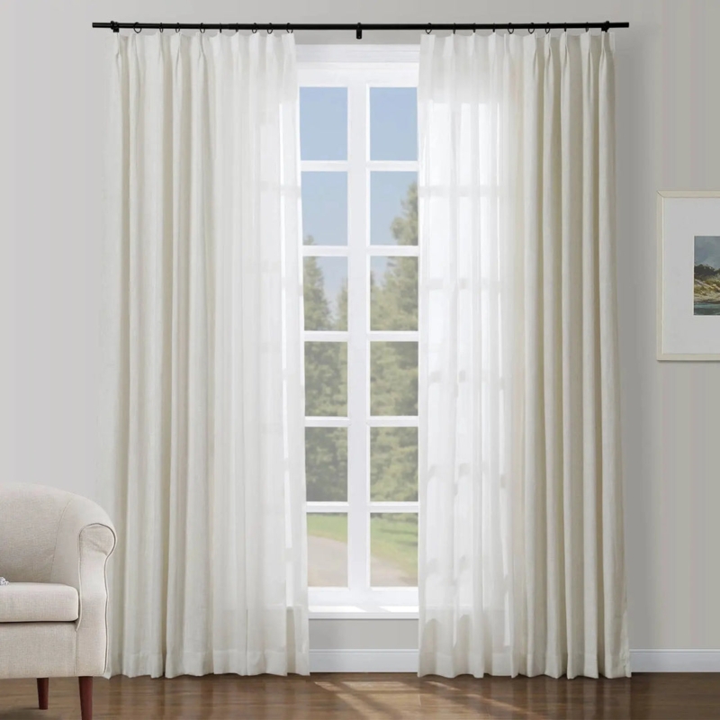 Two-Tone Curtains Ivory White Pinch Pleat Sheer Bottom Coastal Style