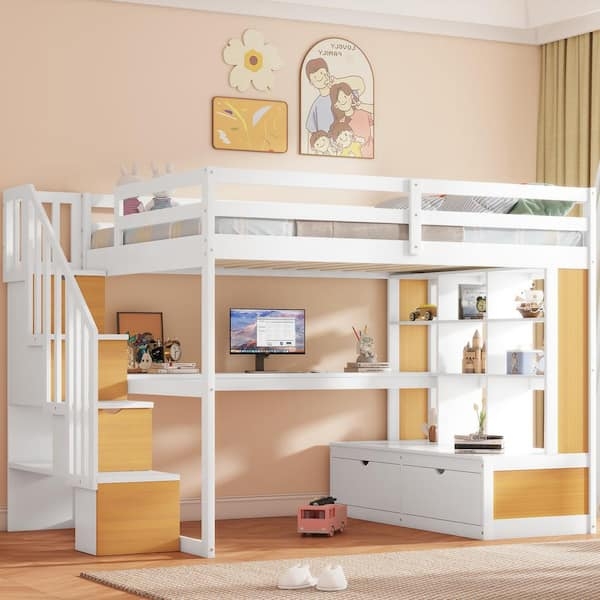 Two-Tone Full Loft Bed with Storage Staircase and Built-in Desk