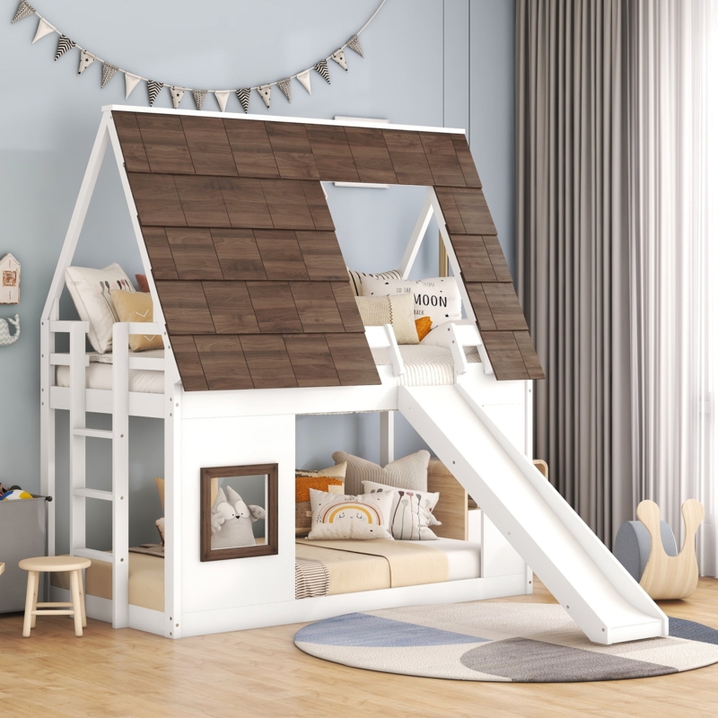 Two-Tone House Bunk Bed with Slide, White & Natural Wood