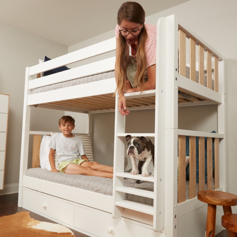 Two-Tone Low Bunk Bed with Integrated Storage Stairs and Desk