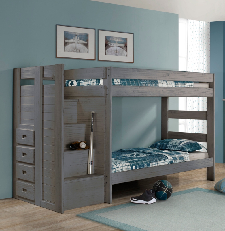 Two-Tone Staircase Bunk Bed with Walnut and Dark Gray Finish