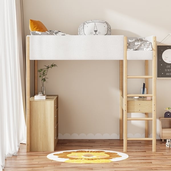 Upholstered Guardrail Loft Bed, Scandinavian Style for Kids