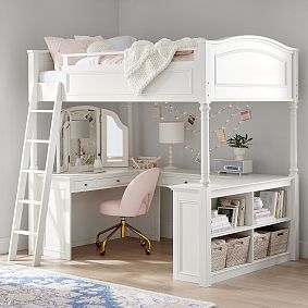 Vanity Loft Bed White with Gold Hardware Accents and Integrated Desk