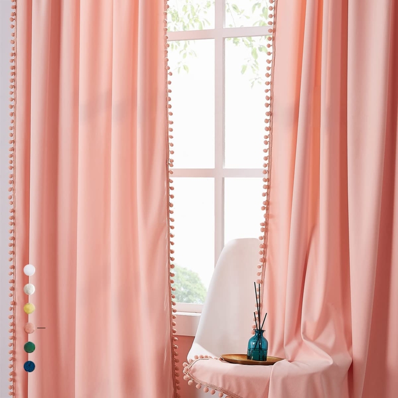 Velvet Curtains with Pom-Pom Trim, Blush Pink Velvet Curtains