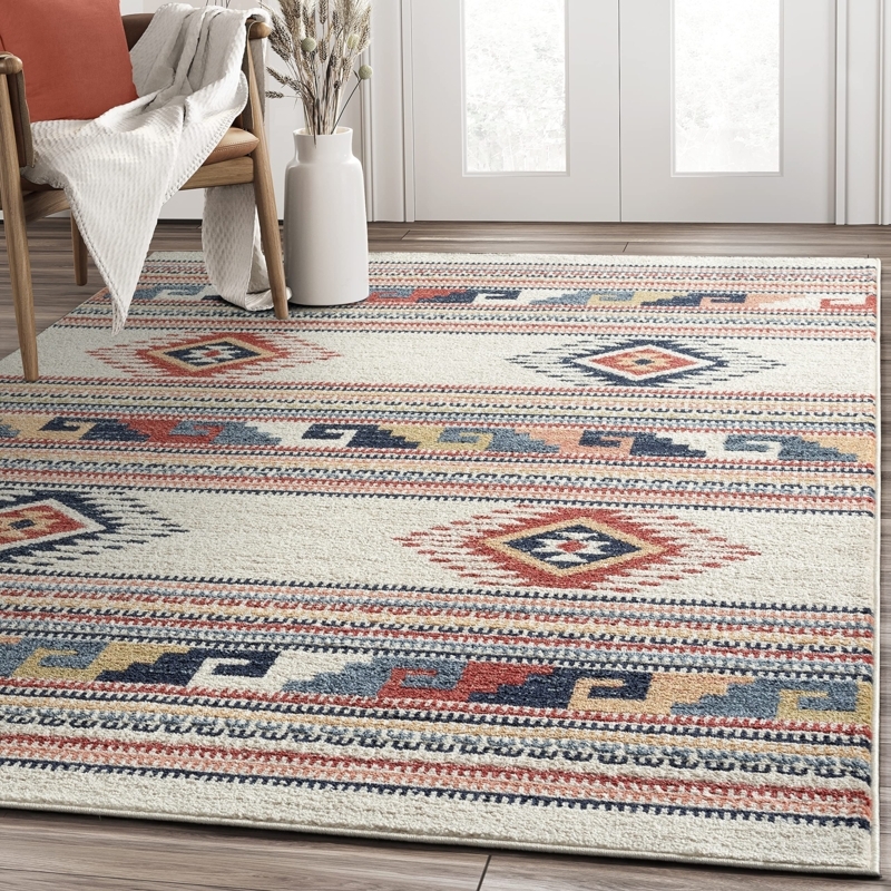 Vibrant Area Rug with Tribal Pattern in Orange and Grey Tones