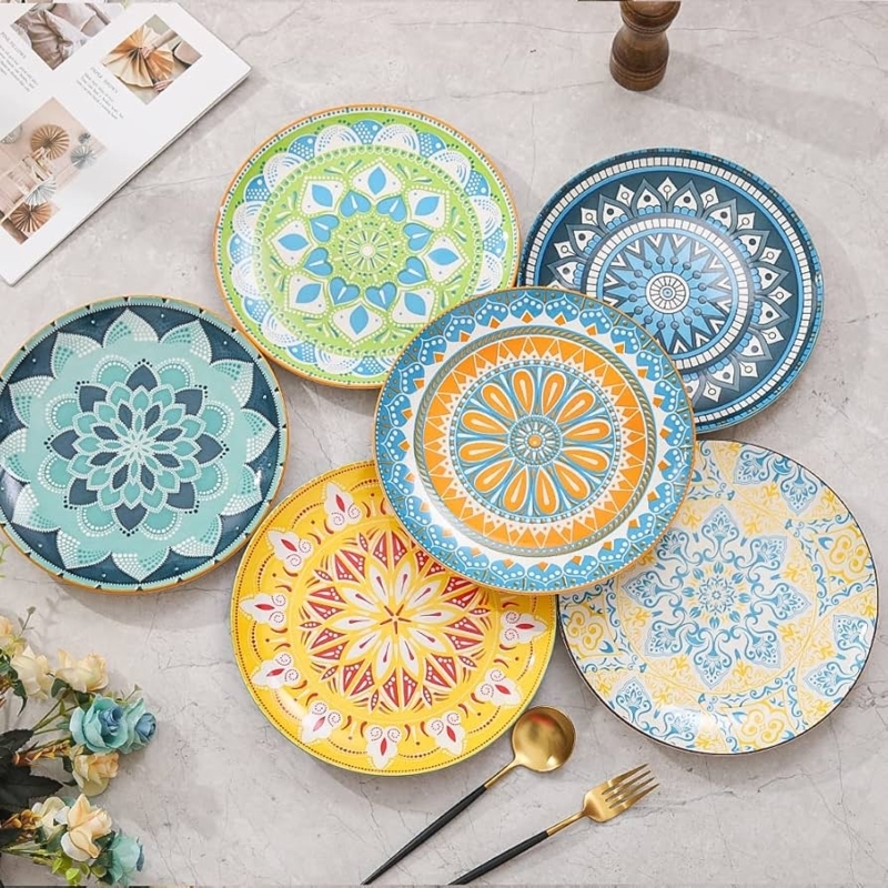 Vibrant Bohemian Dinnerware Set, Glossy Porcelain Mandala Pattern Plates.