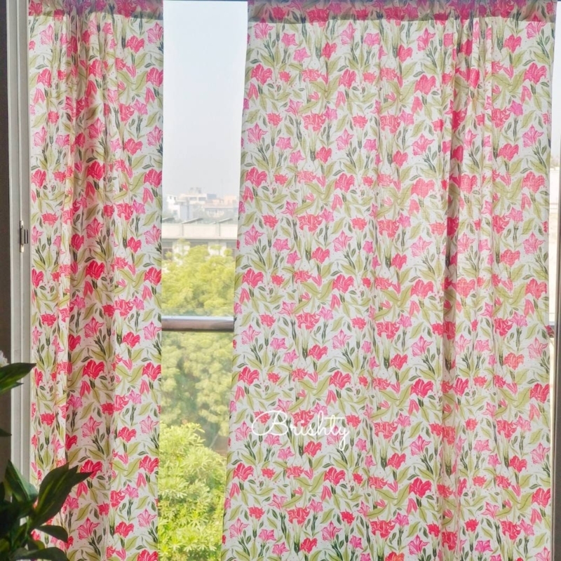 Vibrant Botanical Print Curtains Light-Filtering Cotton Blend Spring Farmhouse