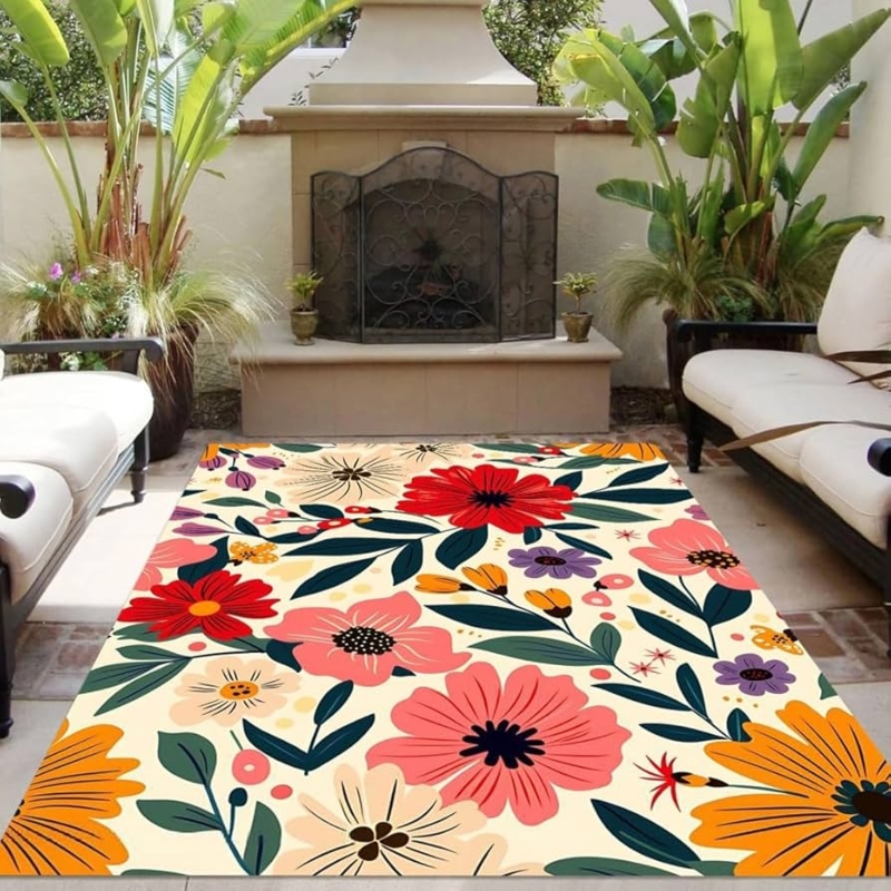 Vibrant Floral Outdoor Area Rug Navy Blue Botanical Print