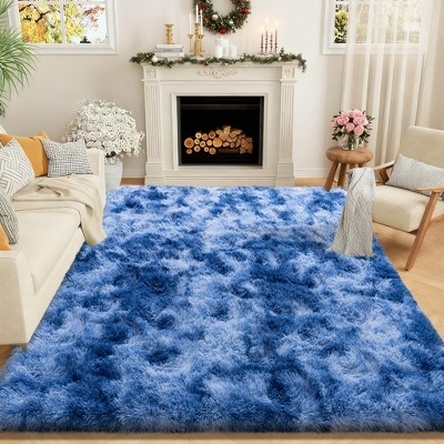 Vibrant Peacock Blue Tie-Dye Plush Shag Area Rug for Bedroom
