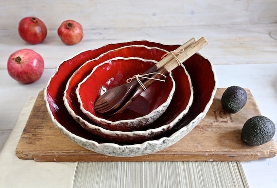 Vibrant Red Ceramic Bowl Set Nested Organic Shape