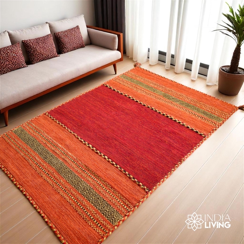 Vibrant Red Geometric Kilim Area Rug in Modern Bohemian Lounge