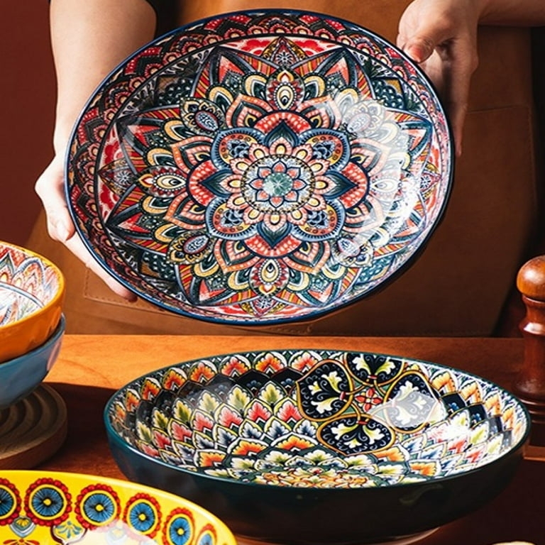 Vibrant Serving Bowls with Sunburst Motif and Solid Blue Exterior