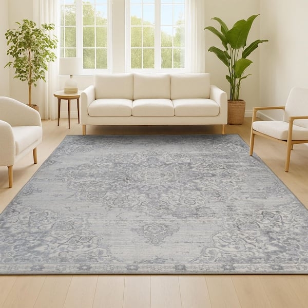 Vintage Distressed Area Rug Gray Persian Medallion Silver Cream