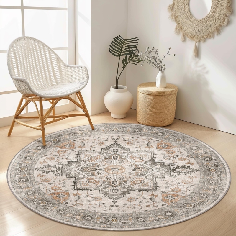 Vintage Distressed Round Area Rug, Taupe Medallion