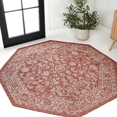 Vintage Filigree Red Area Rug for Indoor Outdoor Octagon Spaces