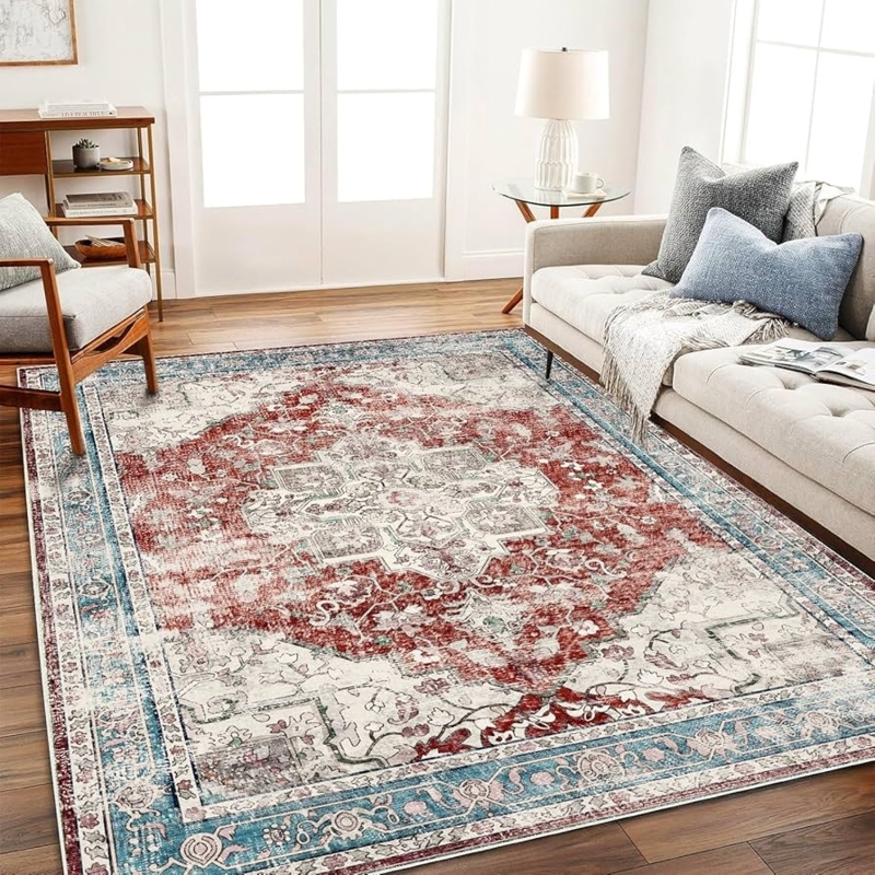 Vintage Inspired Area Rug, Distressed Terracotta Red and Blue Carpet