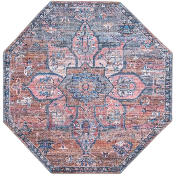 Vintage Inspired Navy Area Rug with Burgundy Octagon Medallion