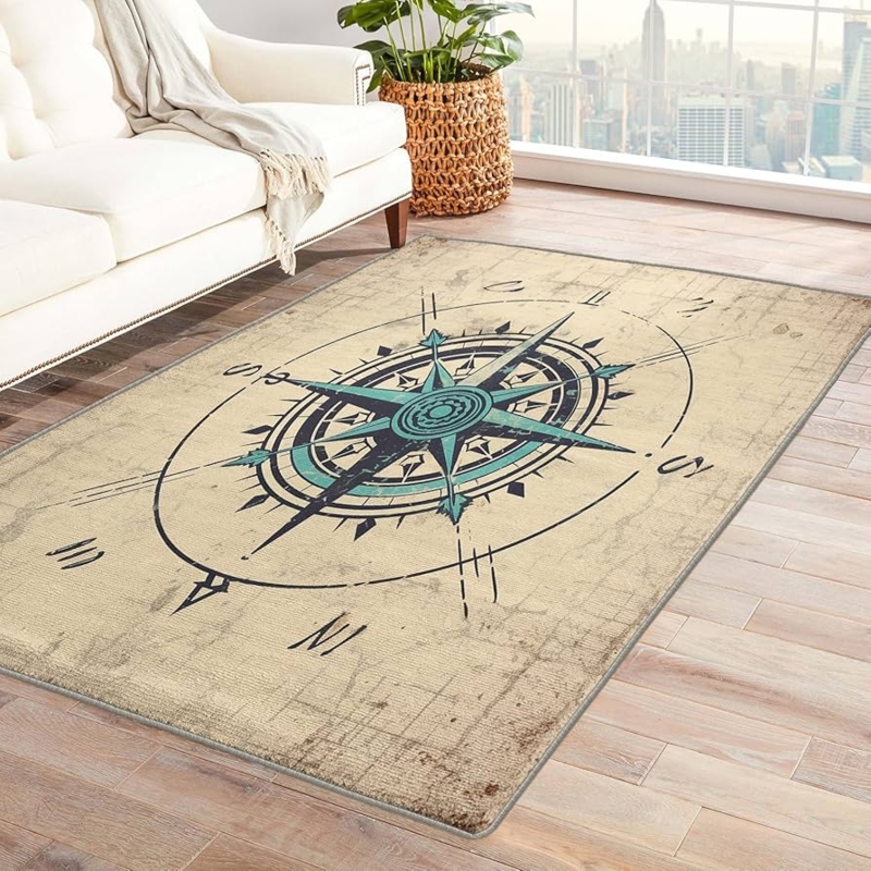 Vintage Nautical Area Rug, Large Compass Rose & Weathered Map Decor