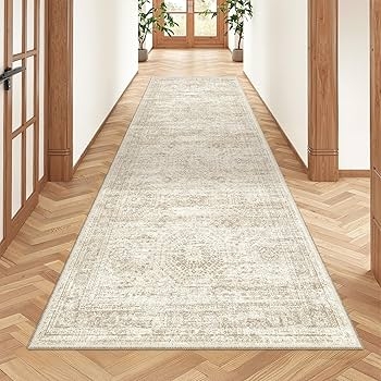 Vintage Runner Rug Kitchen Idea, Low-Pile Distressed Medallion Motif
