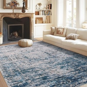 Vintage Style Area Rug Distressed Rust Navy Medallion