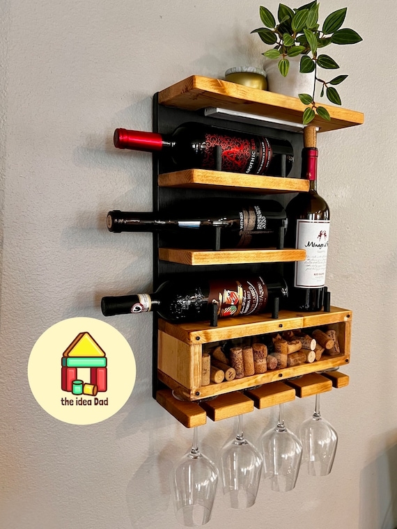 Wall Mounted Wine Rack, Dark Espresso Stain with Integrated Stemware Rack