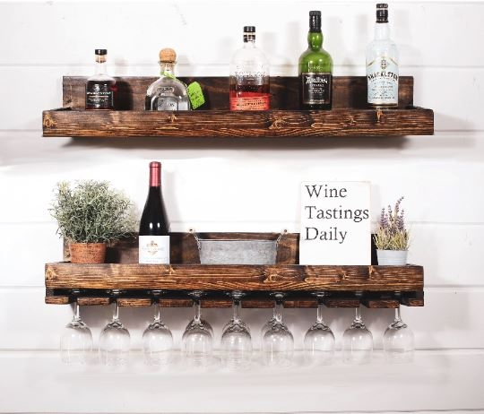 Wall Mounted Wine Rack with Integrated Glass Rack & Slat Back, Rustic Finish